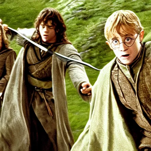 Prompt: Film still of Harry Potter in Lord of the Rings (2000)