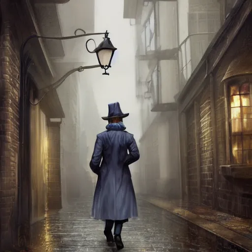 Image similar to halfling private investigator walking down a Victorian rainy alley in a trenchcoat , artstation, detailed, hyper realistic, 8k, digital art, cinematic