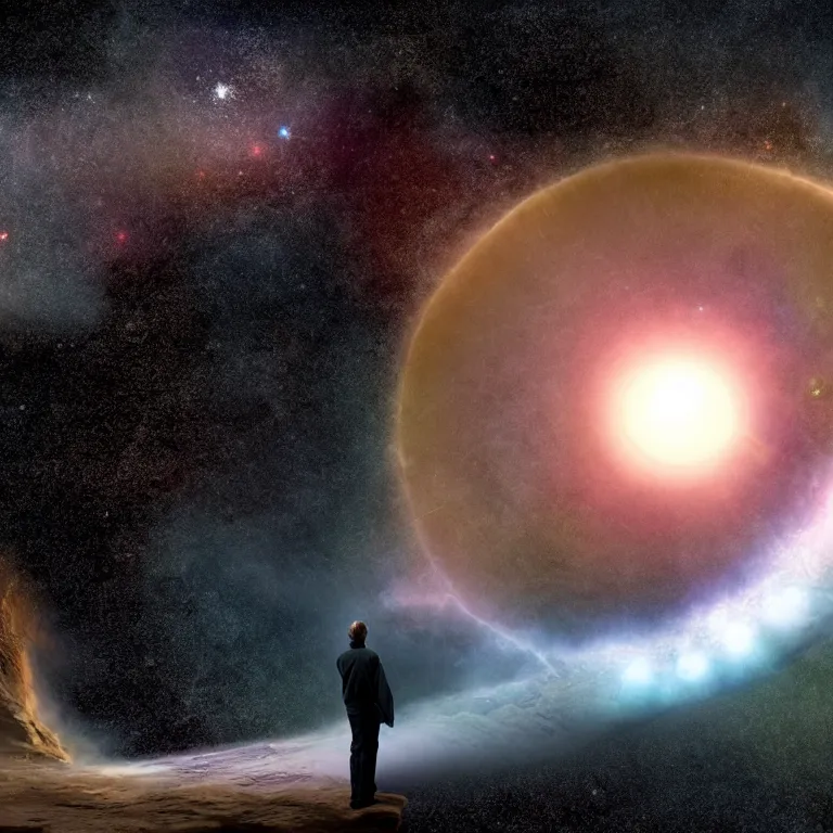 Prompt: an eternal being looking at the protoplanetary disk wondering if he had made a mistake, hyperrealistic