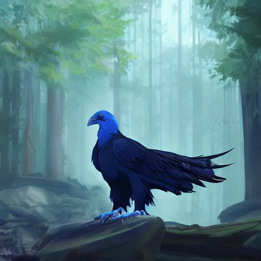 Image similar to concept art painting of an anthropomorphic albino raven wearing dark blue robes, in the deep forest, realistic, detailed, cel shaded, in the style of makoto shinkai and greg rutkowski and james gurney