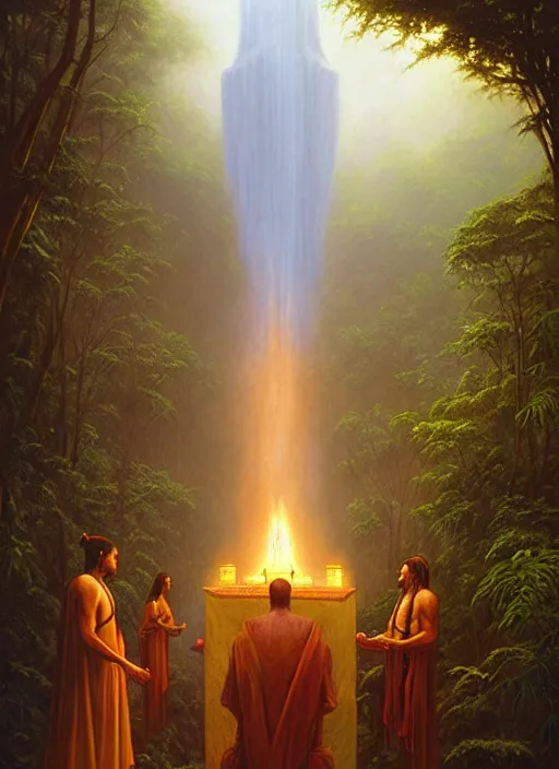 Image similar to a shamanic ceremony in the jungle, invoking spirits floating in the air, matte painting, art by christophe vacher