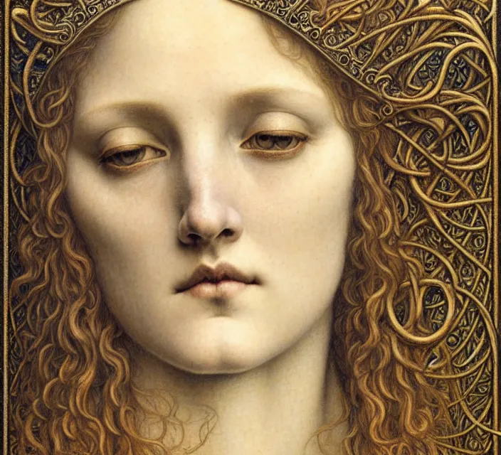 Image similar to detailed realistic beautiful young medieval queen face portrait by jean delville, gustave dore and marco mazzoni, art nouveau, symbolist, visionary, gothic, pre - raphaelite. horizontal symmetry