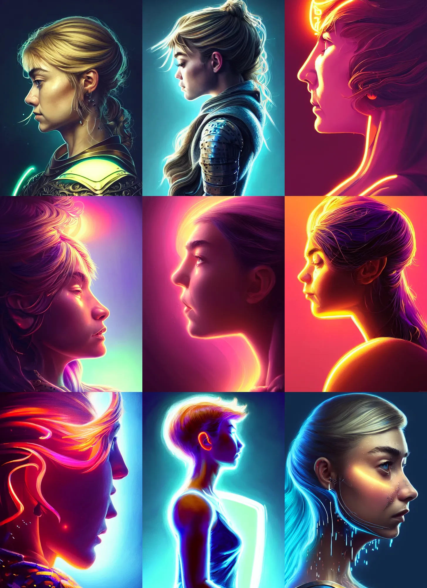 Prompt: side profile centered painted portrait, Imogen Poots as a Paladin, D&D, beautifully backlit, sweat drops, fibonacci, fractals, insane, neon, intricate, highly detailed, digital painting, artstation, concept art, smooth, sharp focus, illustration, Unreal Engine 5, 8K, by artgerm and greg rutkowski and alphonse mucha and ilya kuvshinov