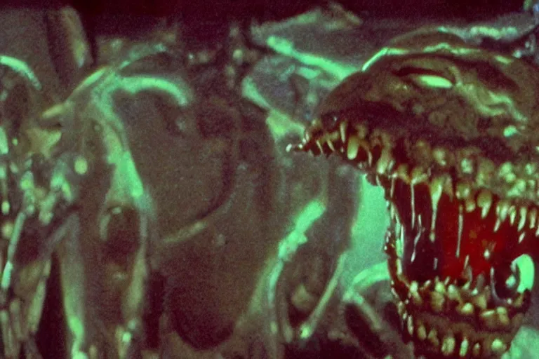 Image similar to a scary filmic wide shot color ground level angle movie still 35mm film photograph of the full body of a dangerous shape shifting alien creature, with multiple mutated snarling drooling human faces with a grotesque variety of human and animal limbs protruding from its lower torso inside of a 1970s science lab, neon lights, dirty, ektachrome photograph, volumetric lighting, f8 aperture, cinematic Eastman 5384 film