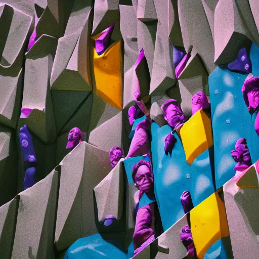 Prompt: looking up at a bouldering wall with brightly colored holds and volumes, holds and vikumes made of human faces, iso, mm, octane,