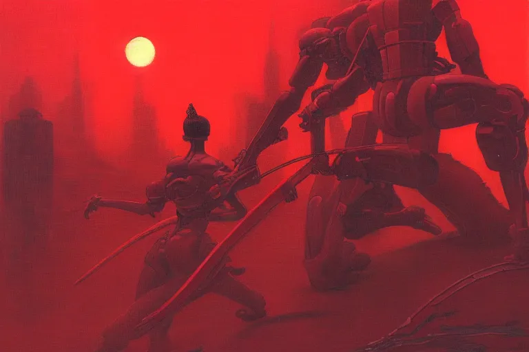 Image similar to only with red, a red cyborg samurai, tokio futuristic in background, some evil yokai fight, in the style of beksinski, parts by edward hopper, parts by rodcenko, parts by yue minjun, intricate and epic composition, red by caravaggio, insanely quality, highly detailed, masterpiece, red light, artstation, 4 k