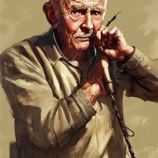 Image similar to old man portrait, ww 2 hand grenade in his left hand, he pulling pin, greg rutkowski art