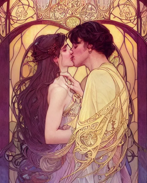 Prompt: the kiss | highly detailed | very intricate | art nouveau | gold filigree | romantic storybook fantasy | soft cinematic lighting | award - winning | disney concept art watercolor illustration by mandy jurgens and alphonse mucha and alena aenami | pastel color palette | featured on artstation