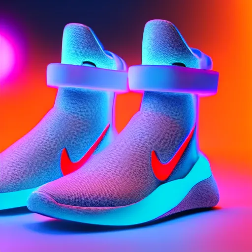 Image similar to nike mags, glow, neon, centered, designed by sawoozer, ultra detailed, artstation, akitipe studios, octane render 8 k, vray render 4 k, realistic