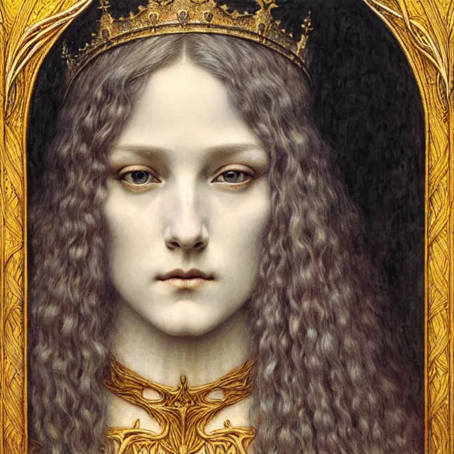 Image similar to detailed realistic beautiful young medieval queen face portrait by jean delville, gustave dore and marco mazzoni, art nouveau, symbolist, visionary, gothic, pre - raphaelite. horizontal symmetry