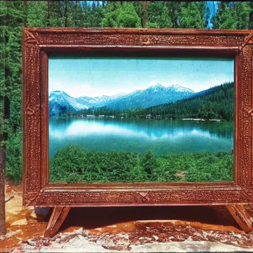 Prompt: beautiful lake in the forest. the mountains on background. summer, shiny weather. hermann nitsch