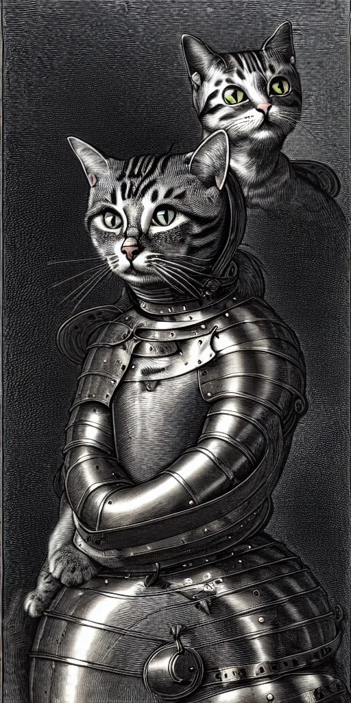 Image similar to engraving portrait of humanoid cat in medieval armoury by gustave dore. trending on deviant art, street art, chillwave, maximalist, full of color, glittering, 8 k, hd