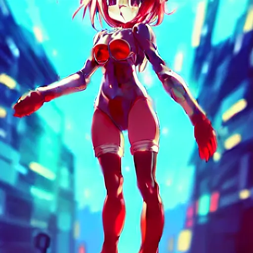 Image similar to digital anime art, wlop, rossdraws, sakimimichan, > > very small cute girl < < standing on a large table, red mech arms and red mech legs,