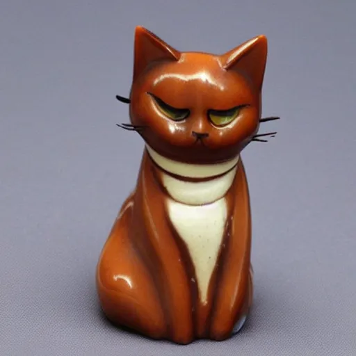 Image similar to elegant anthropomorphic cat figurine wearing a kimono, cast brown resin, toggles, very highly detailed, intricate, monotone, shy looking down