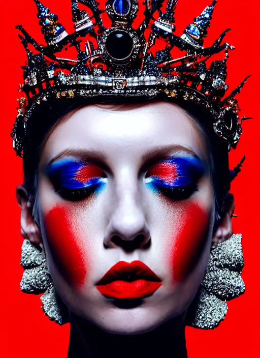 Image similar to a female high fashion model wearing a jeweled face crown, dark eye make - up, red lips, alexander mcqueen, haute couture, artstation, high detail, black, red and blue, by mobius, painterly, 8 0's airbrushed, film still, cinematic composition