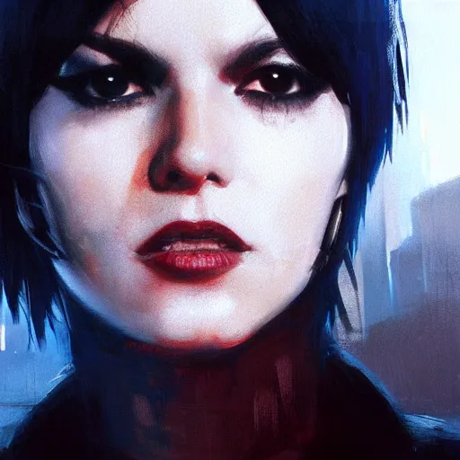 Prompt: a closeup portrait of a young joan jett as a cyberpunk protagonist, sunglasses, augmented, dramatic light, city background, megacity, sunset, high contrast, sharp, painted by stanley lau, painted by greg rutkowski, painted by stanley artgerm, digital art, trending on artstation