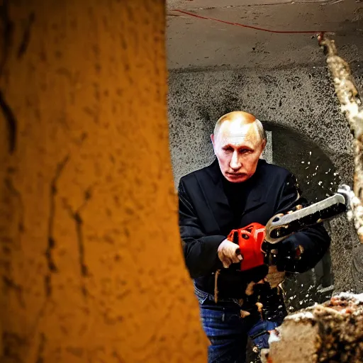 Image similar to putin with a chainsaw and a corpse. in a concrete bunker. focus on putins face with blood splatters. canon eos r 3, f / 1. 4, iso 1 6 0 0, 1 / 8 0 s, 8 k, raw, grainy