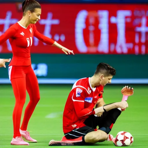 Image similar to anna lewandowska performing a garlic enema on robert lewandowski