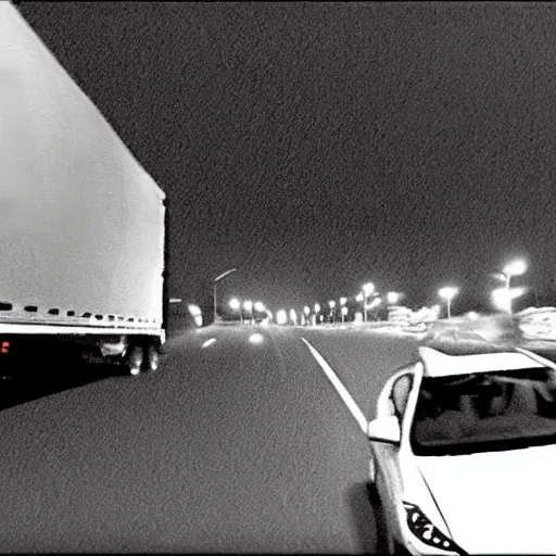 Image similar to cctv footage of a btr driving past a suburban neighbhoorhood, realistic, highly detailed, black and white, at night, taken on a security cctv camera.