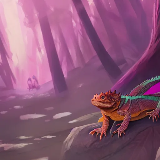 Prompt: concept art painting of an anthropomorphic anime style bearded dragon wearing magenta wizard robes, in the deep forest, realistic, detailed, cel shaded, in the style of makoto shinkai and greg rutkowski and james gurney