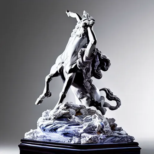 Prompt: a glory scene of a chiron statue sculpted in polished sapphire by Bernini