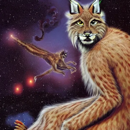 Image similar to hairy maned lynx - headed romantic hero in satin robe, laying on sci fi bed, science fiction, pulp sci fi, michael whelan, ron cobb, highly detailed, mignogna, illustration