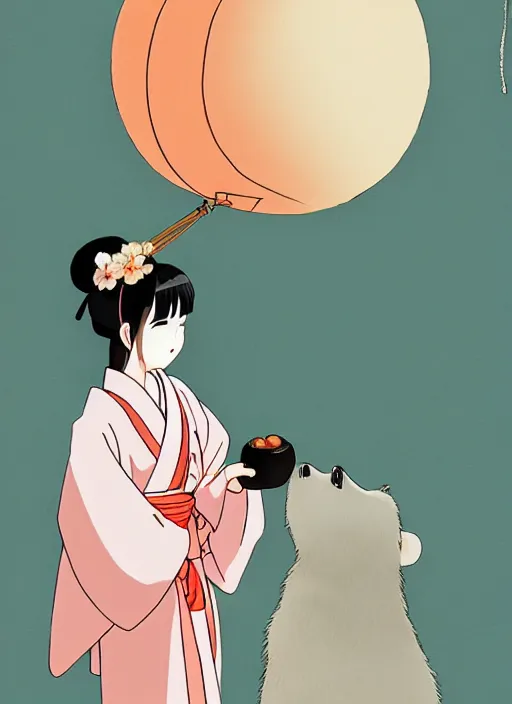 Image similar to a girl wearing a kimono gives a peach to a large anthropomorphic asian black bear, featured in artstation and artgerm and fantia and pixiv, award winning, cinematic, elegant, intricate, 8 k, in the style of hayao miyazaki and masashi ando and timothy kong and laia lopez and viorie,