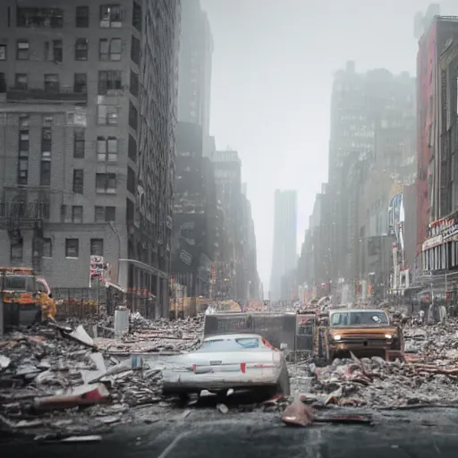 Image similar to death and destruction in New York city, movie still, moody, 4k