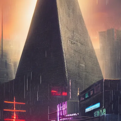 Image similar to gigantic metal pyramid in the distance, brutalist, blade runner, sci fi, stunning detail, cityscape, cyberpunk, wet street, 8k, cinematic lighting, ultra realistic, colorful, neon, octane rendered,