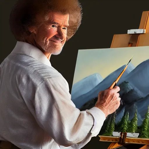 Prompt: a closeup photorealistic photograph of bob ross holding a paintbrush and diligently finishing a canvas painting of tom cruise. mountains and trees. film still. brightly lit scene. this 4 k hd image is trending on artstation, featured on behance, well - rendered, extra crisp, features intricate detail, epic composition and the style of unreal engine.