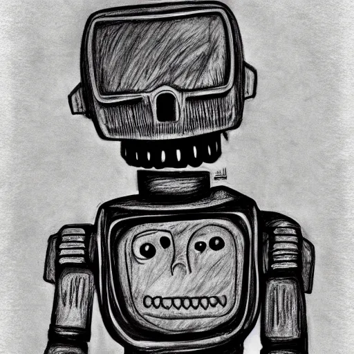 Image similar to a scary horror themed robot, drawn with charcoal and pen and ink