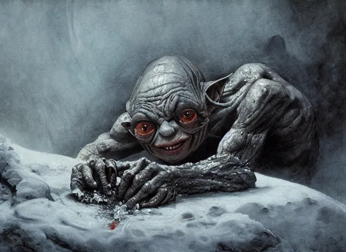 Prompt: gollum smeagol grotesque crouching over a pizza, feet deep in the snow, looking in camera, backlight, black sky, fire burning, ultra detailed, hyper realistic, wide shot, by beksinski, giger, greg rutkowski