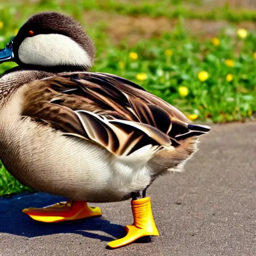 Image similar to a duck with wheels instead of legs