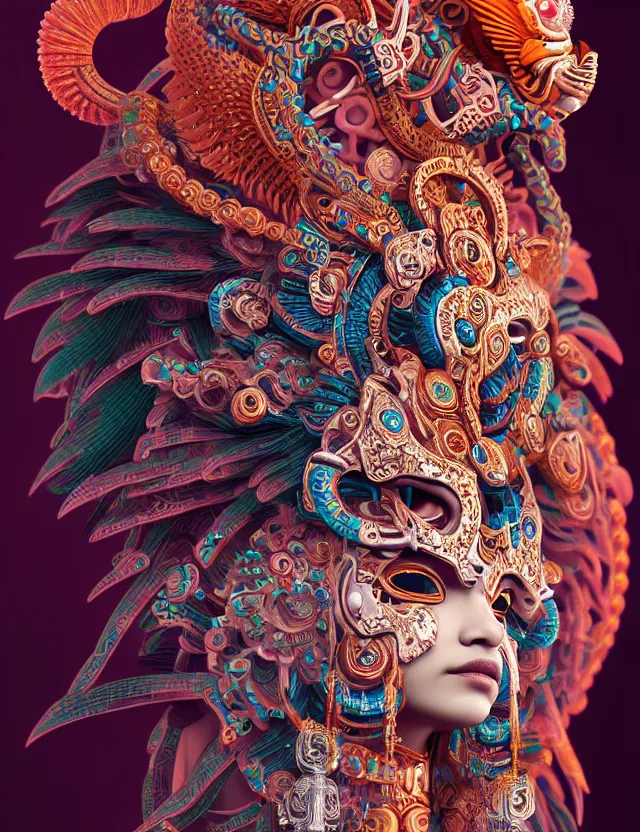 Image similar to 3 d goddess close - up profile portrait aztec with ram skull. beautiful intricately detailed japanese crow kitsune mask and clasical japanese kimono. betta fish, jellyfish phoenix, bio luminescent, plasma, ice, water, wind, creature, artwork by tooth wu and wlop and beeple and greg rutkowski