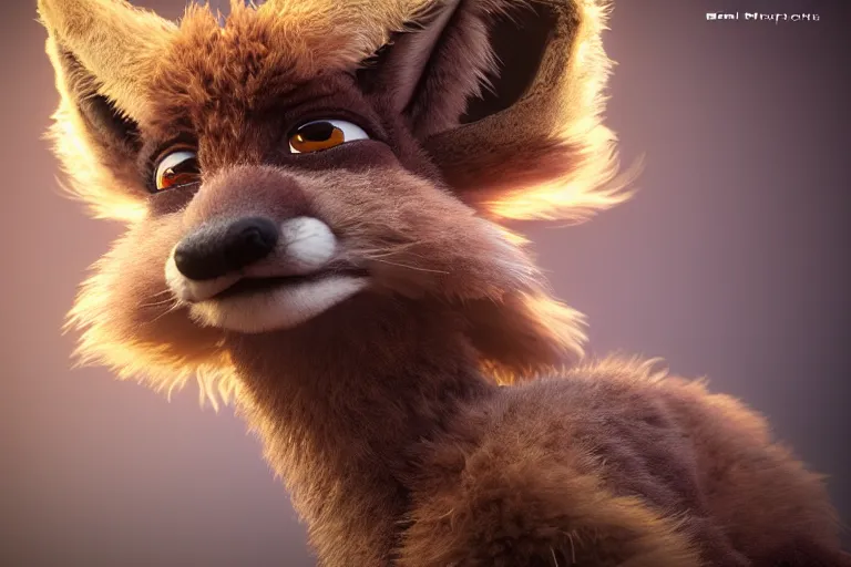 Image similar to The fluffiest little fur creature in the world, hybrid from scorpion spider caracal fox deer, fullbody, oil painting, exoskeletton, disney, zootopia, volumetric light, unreal 5, DAZ, hyperrealistic, octane render, RPG portrait, dynamic lighting, fantasy art, beautiful face