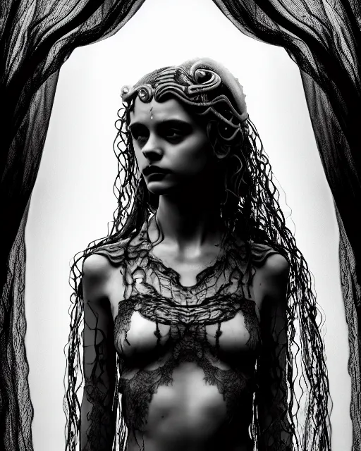 Image similar to surreal mythical dreamy dark artistic black and white fine art photo of a beautiful young female angel - medusa - mermaid - cyborg covered with translucent algae, highly detailed, lace web, rim light, cinematic, studio dramatic light, poetic, octane render, 8 k, photo - realistic, by floria sigismondi