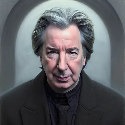 Image similar to portrait of Alan Rickman, detailed, centered, digital painting, artstation, concept art, by donato giancola, Sean Yoro, Greg Rutkowski, trending on Artstation, Joseph Christian Leyendecker, WLOP, Boris Vallejo, dark, moody, foggy