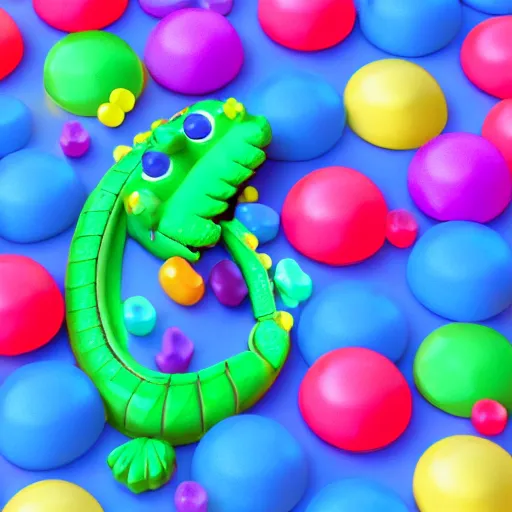 Prompt: a crocodile made entirely out of gumdrops, candyland background, cinematic lighting, product photography, 3 d render