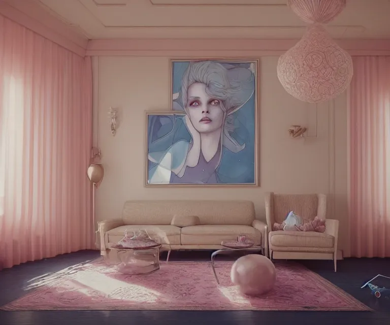 Prompt: 1 9 8 0 s living room by charlie bowater and anna dittmann and artgerm and clemens ascher, intricate, elegant, beige and blue and pink mist, highly detailed, dramatic lighting, sharp focus, octane render, trending on artstation, artstationhd, artstationhq, unreal engine, 4 k, 8 k