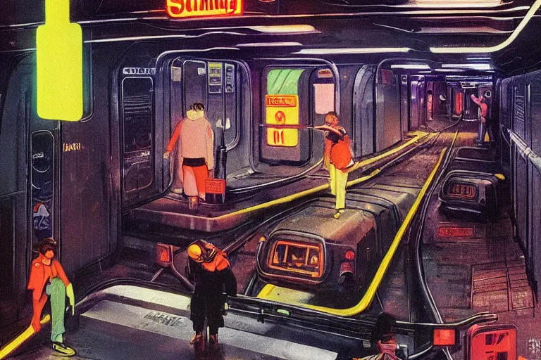 Prompt: 1979 OMNI Magazine Cover of a subway train maintenance tunnel. Cyberpunk Akira style by Vincent Di Fate