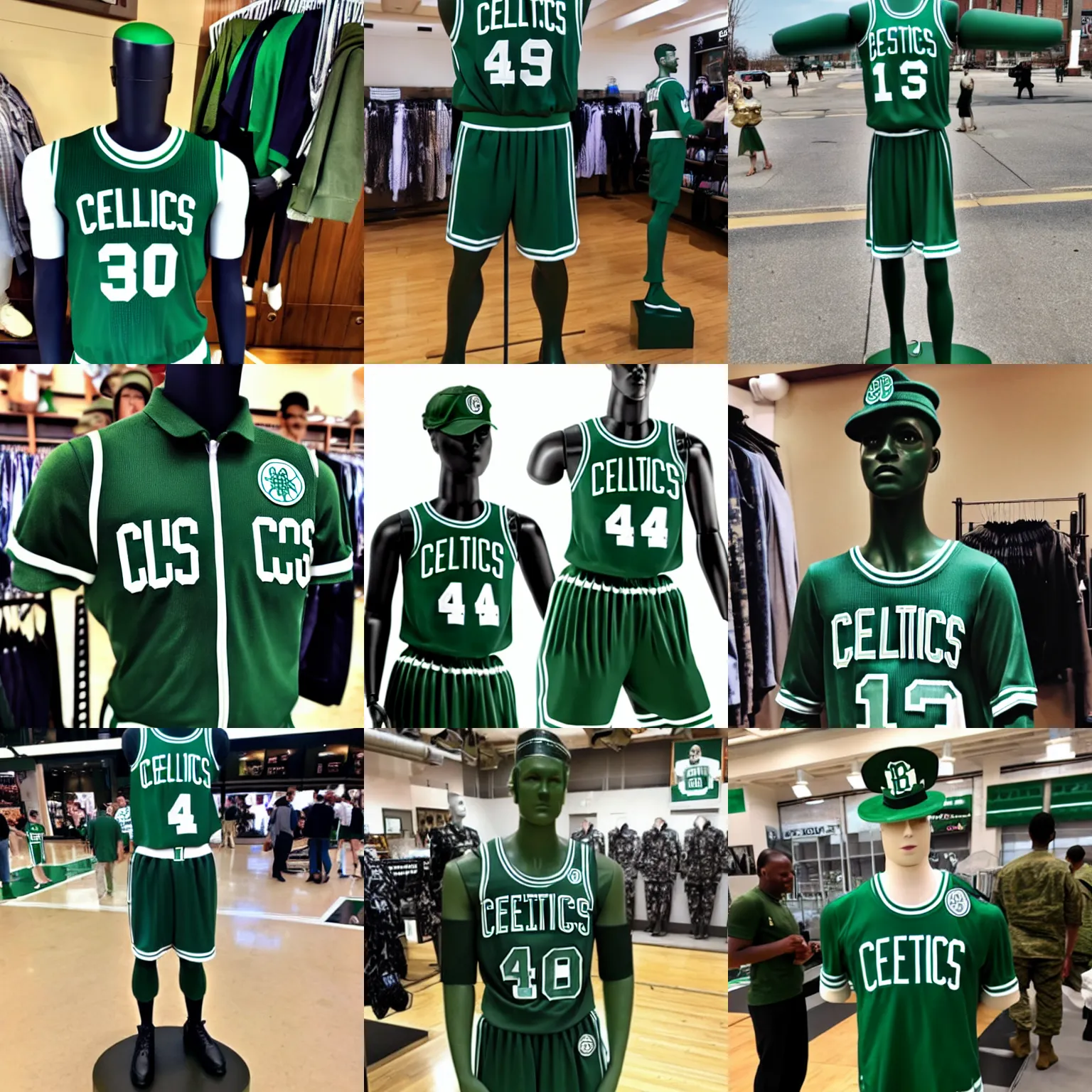 Prompt: mannequin wearing boston celtics miltary uniform