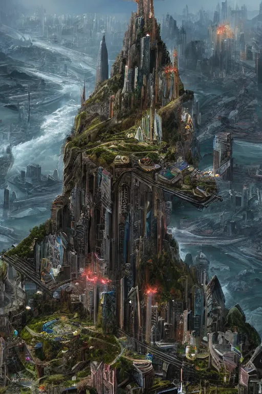 Prompt: fantasy metropolis of tall towers at the top of a cliff looking over a river, matte painting, concept art, trending on artstation, HD