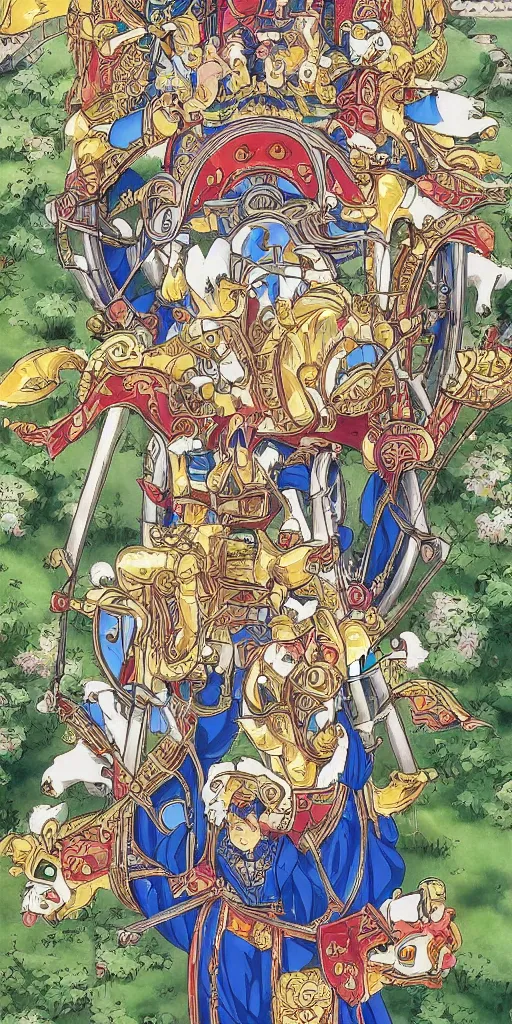 Image similar to a chariot drawn by pandas in japan, 1990s anime, full color, tarot card the chariot, highly detailed