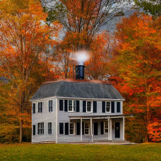 Prompt: realistic wooden colonial new england house, maple tree in yard, large chimney, lights on inside, fall foliage, vermont mountain background, light cinematic, volumetric, realistic, cinematic lighting, ray tracing, unreal engine 5, octane render, hyper realistic, 8 k