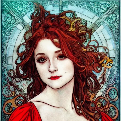 Image similar to in the style of artgerm, arthur rackham, alphonse mucha, evan rachel wood, symmetrical eyes, symmetrical face, flowing red dress