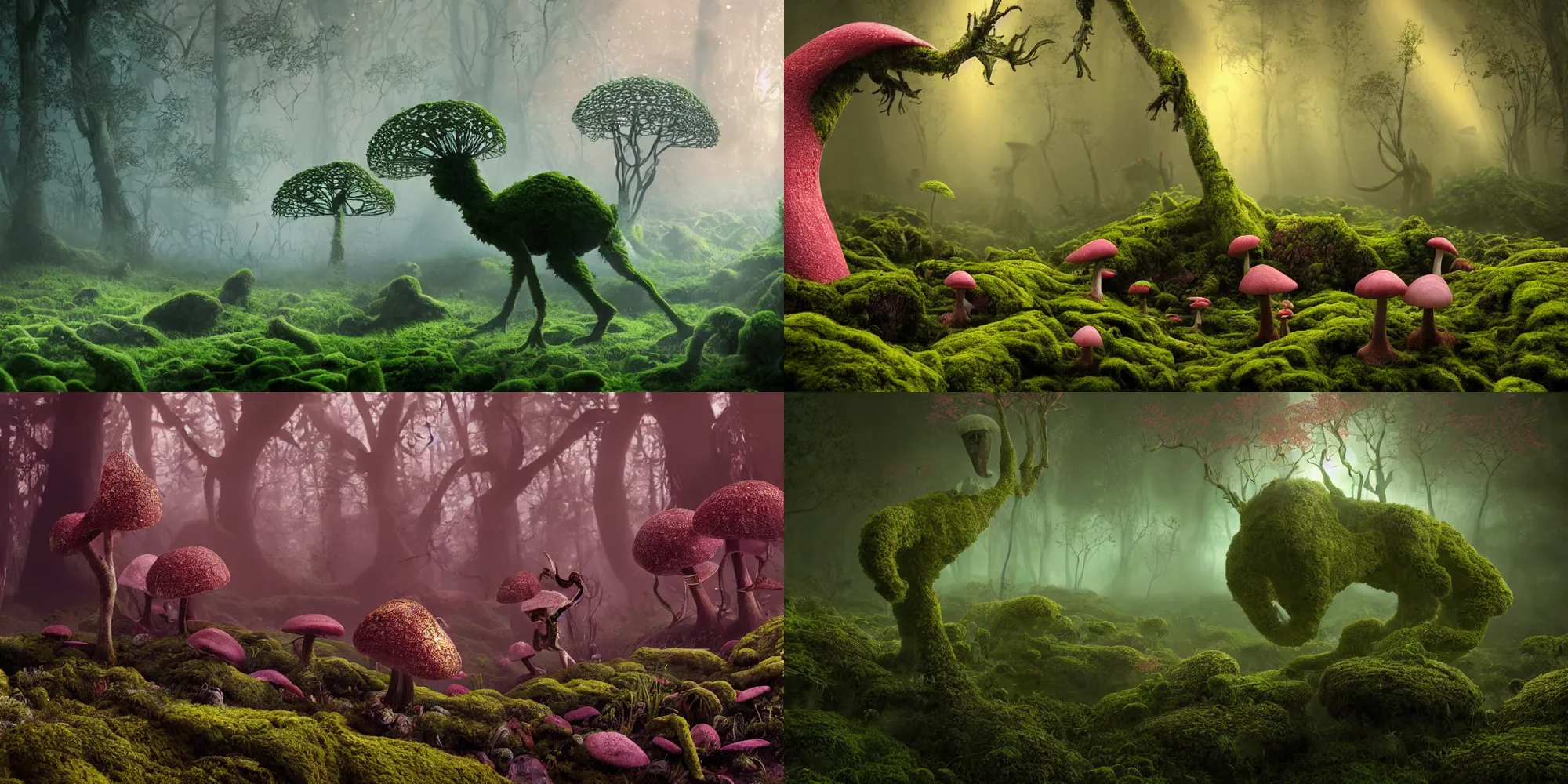 Prompt: organic mushroom lichen moss monster, silhouette of a strange long legged creature foraging through the undergrowth, smoke fog and crepuscular rays, glowing eyes, salmon pink and gold and deep luscious green colour scheme, in the style of patrick woodroffe and salvador dali, dramatic lighting, volumetric lighting, 8k octane unreal render