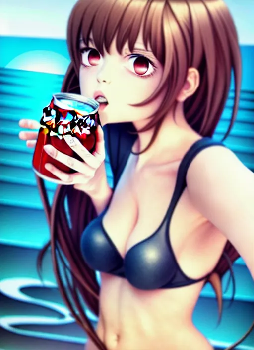 Image similar to full body picture of a extremely beautiful and attractive and cute and aesthetic girl drinking a coke, highly detailed face, very thirsty, dripping on the body, sharp focus, shiny day on the beach, specular reflection, occlusion shadow, trending on artstation, epic light novel cover art, art by ilya kuvshinov and sakimichan and jeremy lipking