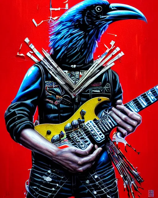 Image similar to a portrait of an anthropomorphic cyberpunk raven shredding an electric guitar as the guitar melts by sandra chevrier, by jon foster, detailed render, tape deck, epic composition, cybernetics, 4 k realistic, cryengine, realistic shaded lighting, sharp focus, masterpiece, by enki bilal