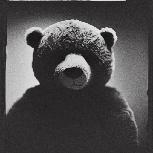 Image similar to a ( ( ( ( ( ( ( ( ( chiaroscuro lighting portrait ) ) ) ) ) ) ) ) ) ) of kanye west dressed as teddy bear mascot, black background, portrait by julia margaret cameron, shallow depth of field, 8 0 mm, f 1. 8