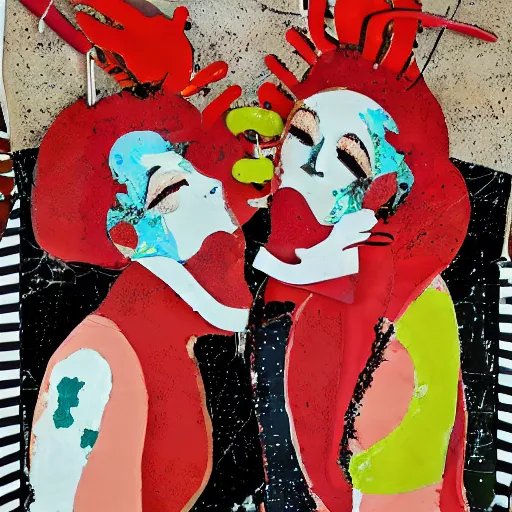 Image similar to two lobster women kissing at a carnival, mixed media collage, retro, paper collage, magazine collage, acrylic paint splatters, bauhaus, abstract claymation, layered paper art, sapphic visual poetry expressing the utmost of desires by jackson pollock